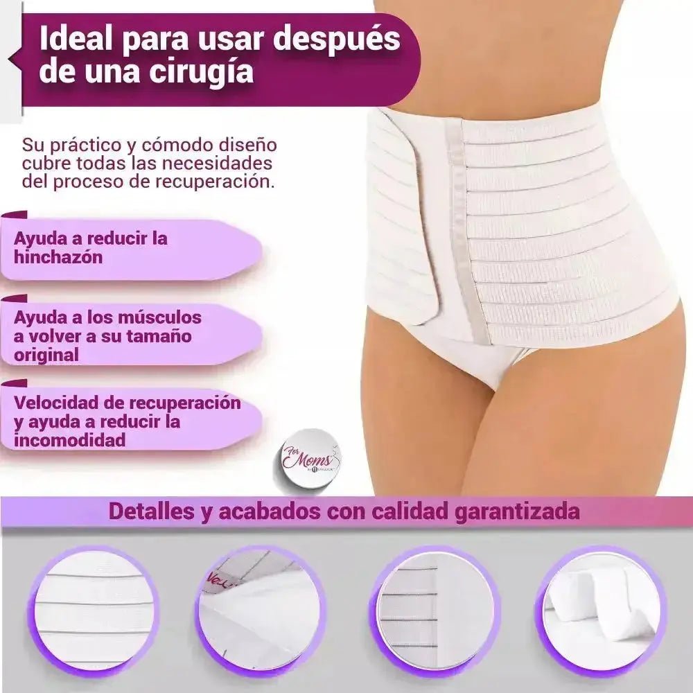 For Moms Fajas Postparto Envolvente Corta Tela Multilineal Color Nude Y Blanco - Fajasymas