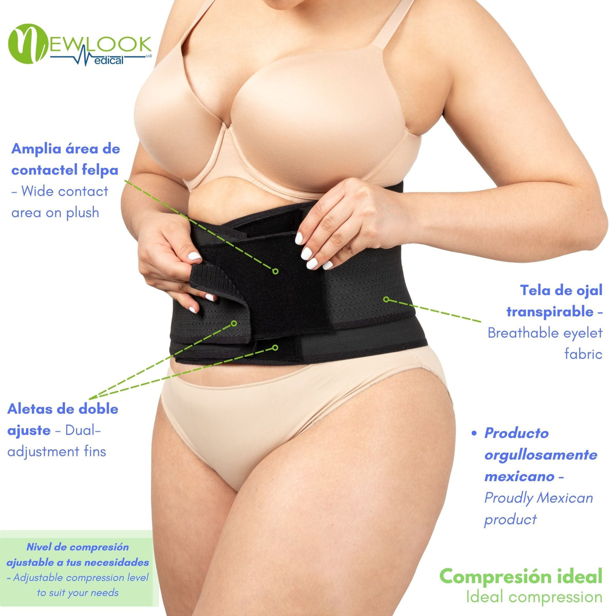 NEWLOOK MEDICAL Soporte Sacro Lumbar Alto - Alta Compresión – Ajustable - 4 Varillas flexibles - Fajasymas
