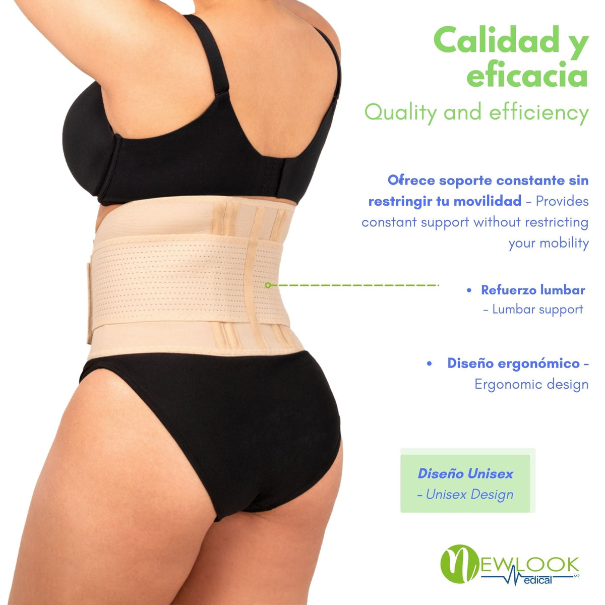 NEWLOOK MEDICAL Soporte Sacro Lumbar Alto - Alta Compresión – Ajustable - 4 Varillas flexibles - Fajasymas