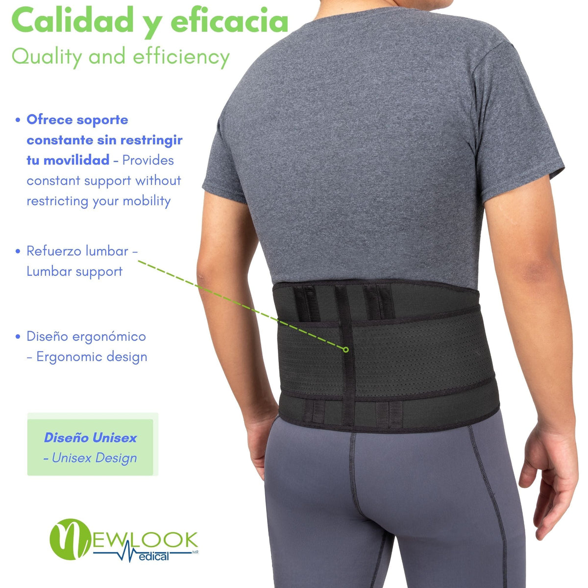 NEWLOOK MEDICAL Soporte Sacro Lumbar Alto - Alta Compresión – Ajustable - 4 Varillas flexibles - Fajasymas