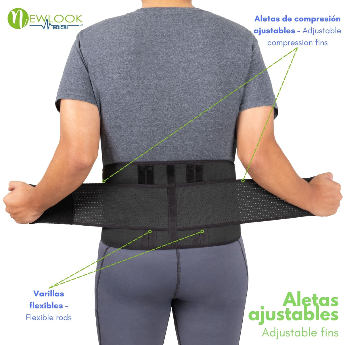 NEWLOOK MEDICAL Soporte Sacro Lumbar Alto - Alta Compresión – Ajustable - 4 Varillas flexibles - Fajasymas