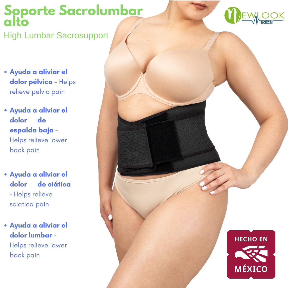 NEWLOOK MEDICAL Soporte Sacro Lumbar Alto - Alta Compresión – Ajustable - 4 Varillas flexibles - Fajasymas