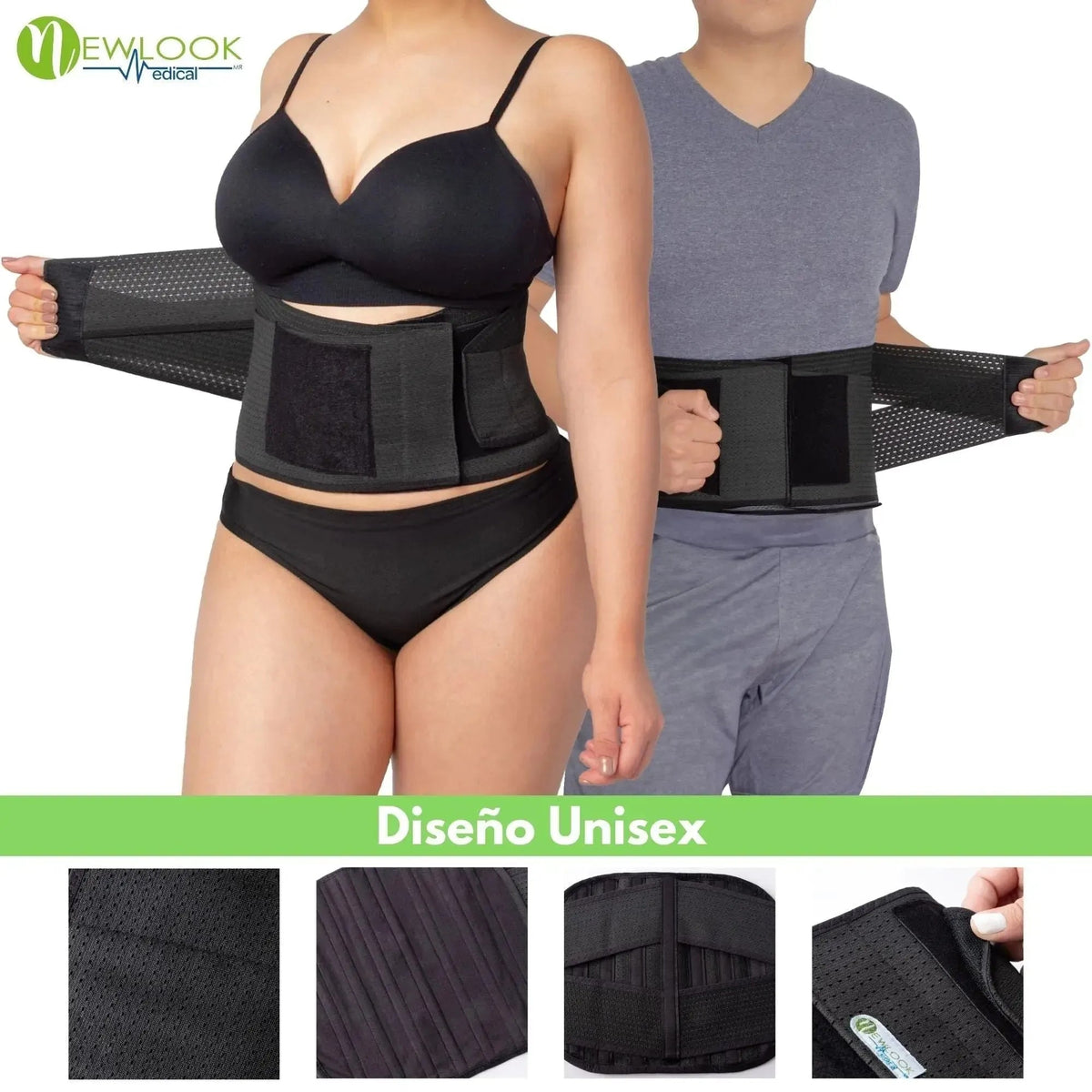NEWLOOK MEDICAL Soporte Sacro Lumbar con Doble Ajuste - Alta Compresión - 7 Varillas flexibles. Modelo 855 - Fajasymas