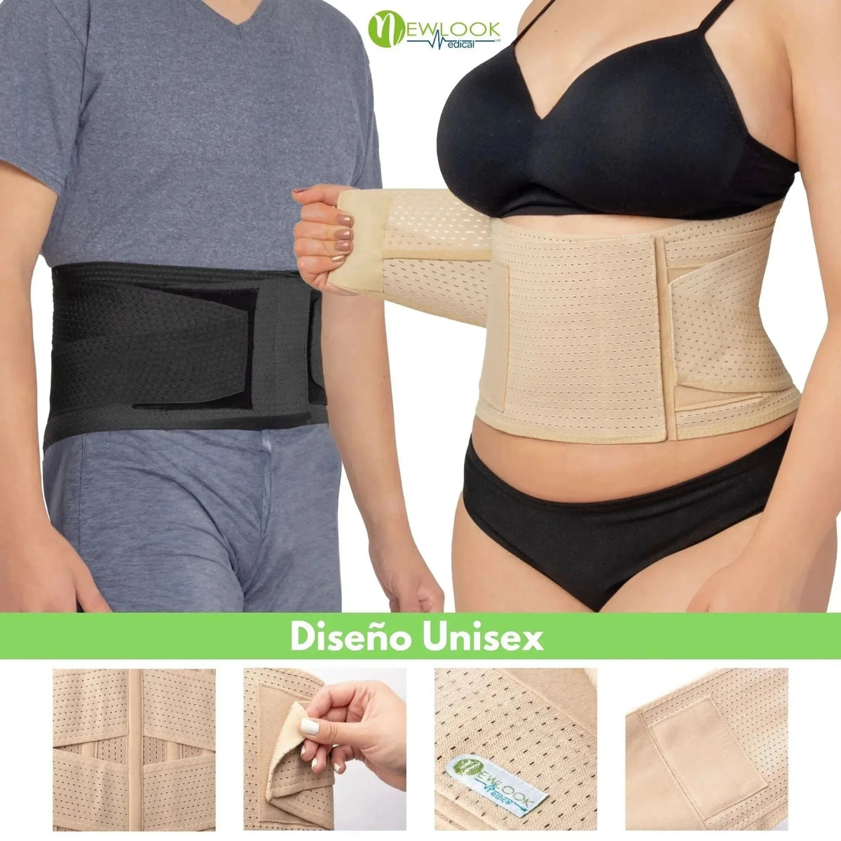 NEWLOOK MEDICAL Soporte Sacro Lumbar con Doble Ajuste - Alta Compresión - 7 Varillas flexibles. Modelo 855 - Fajasymas